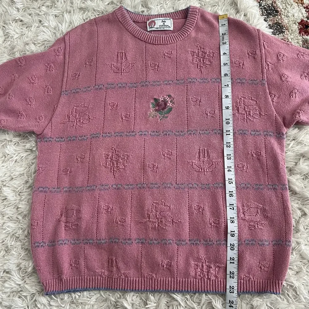 Vtg Isle Of Cotton Pink Short Sleeve Floral Embroidered Sweater Size XL